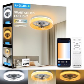 ANGELHALO Modern Ceiling Fans with Lights and Remote, 16'' Low Profile Ceiling Fan, 2700K-6500K Dimmable LED Fan Light with 6 Silent Wind Speeds, White Ceiling Fan Flush Mount for Bedroom