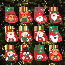 12Pcs Christmas Gingerbread Stocking Ornaments for Tree 3inch Red PVC Santa Claus Snowman Reindeer Bear Design Hanging Ornaments Pendants for Xmas Tree Winter Crafts Holiday Home Party Decor Indoor