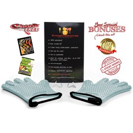 KITCHEN PERFECTION XL Silicone Smoker Oven Gloves for Women -Extreme Heat Resistant BBQ Gloves -Handle Hot Food Right on Your Grill Fryer&Pit|Waterproof Grilling Cooking Mitts|Superior Set+3 Bonuses