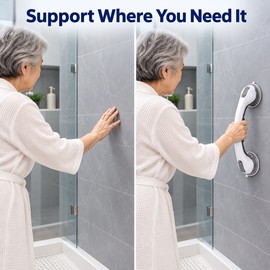 17-Inch No-Drill Bathroom Grab Bar with Footrest – Anti-Slip Shower Safety Support Rail and Leg Shaving Aid