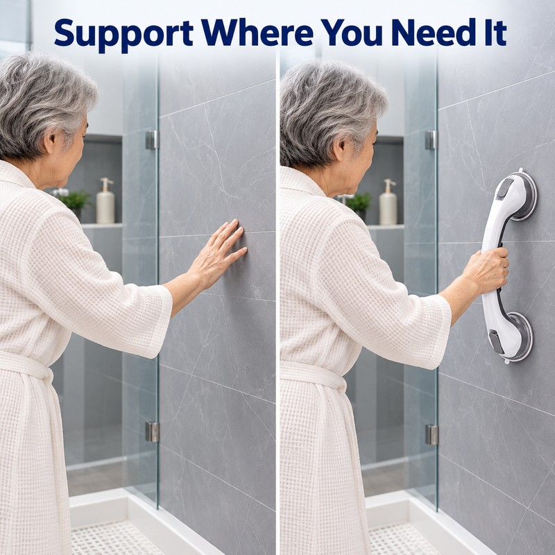 17-Inch No-Drill Bathroom Grab Bar with Footrest – Anti-Slip Shower
