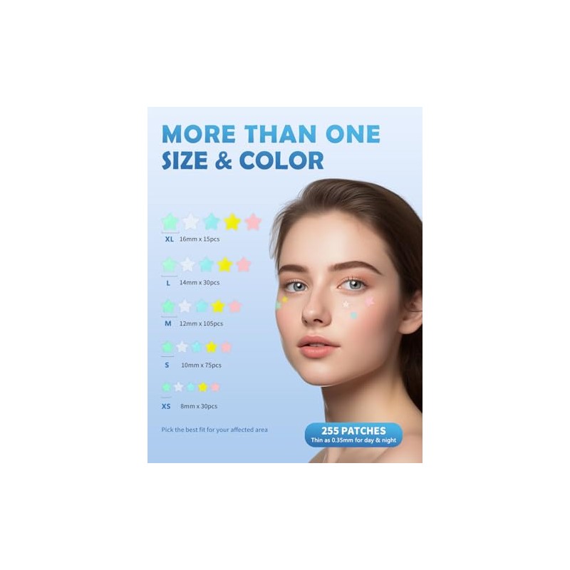 Parches para acne, 255 piezas, 5 colores y 5 tamaños