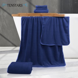 TENSTARS Luxury Silk Hemming Towel Set - Light Thin Quick Drying - 2 Bath Towels 2 Hand Towels 2 Washcloths - Ultra Soft Microfiber Towel for Bath Fitness, Sports, Yoga, Travel (Navy Blue 6 Pieces)
