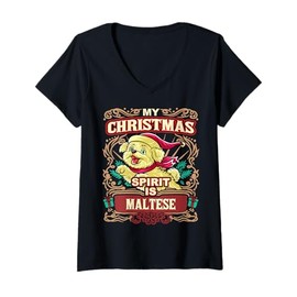 Womens Maltese My Christmas Spirit Dog Santa Claus Elf Reindeer V-Neck T-Shirt
