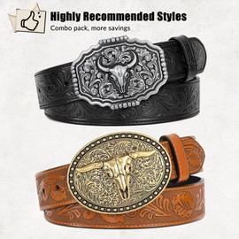 SANSTHS Western Belts for Men Women 2 Pack, Cowgirl Cowboy Belt Leather Straps with Buckle Set for Jeans, Long Horn Bull Black and Brown