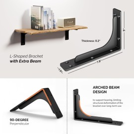 BATODA 8” Shelf Brackets with Beam (4pcs) - L Shelf Bracket Black - Heavy Duty Shelving Brackets for Floating Shelves - Wall Mounted Support for DIY – Mounting Hardware Included ( Pack 4, 8 Inch L)