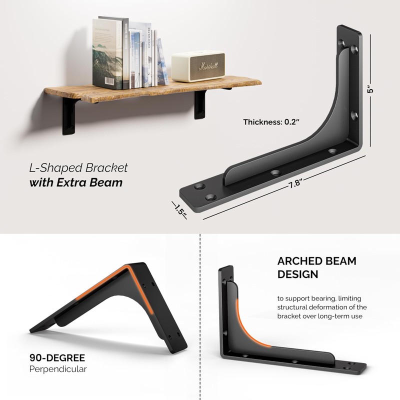 BATODA 8” Shelf Brackets with Beam (4pcs) - L Shelf