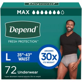 Depend Fresh Protection Adult Diapers, Incontinence Underwear for Men, Disposable, Maximum, Large, Grey, 72 Count (2 Packs of 36), Packaging May Vary