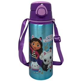 Gabby's Dollhouse Aluminium Drinking Bottle with Straw 730 ml Automatic Pop-Up Bottle for Children Carry Strap
