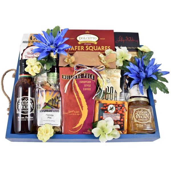 Gift Basket Village Breakfast In Bed, Deluxe Wooden Basket with Handles Loaded with Buttermilk Pancake Mix, Maple Syrup, Blueberry Jam, Peach Cobbler Jam and More, 9 lb