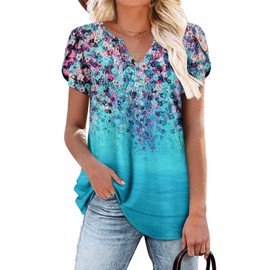 onlypuff Short Sleeve Summer Shirts 2024 Women V Neck Tunic Tops to Wear with Leggings Boho Babydoll Dressy Blouse BluePink M
