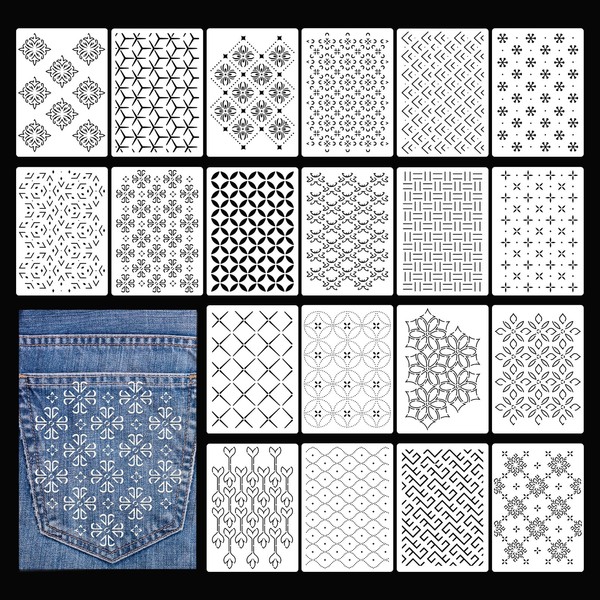 20stk Kunststoff Sashiko Schablonen, 21x15cm Wiederverwendbare Waschbare Sashiko Vorlagen Geometrische