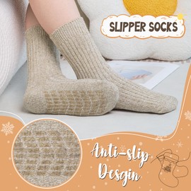 Chalier Finery 3 Pairs of Stopper Socks Gifts for Men and Women, Warm Wool Socks, Non-Slip Slipper Socks, Knitted Thick Thermal Socks for Men and Women, Light brown/dark brown/grey
