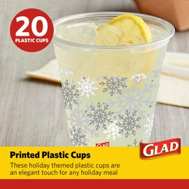 Glad Everyday Clear Plastic Cups, Holiday Grey Snowflake Design - Strong and Sturdy Drinking Cup for All Occasions, 16 Ounce, 20 Count