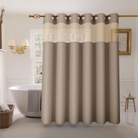 Inhousolu No Hook Shower Curtain with Snap in Fabric Liner Set Waffle Weave 230GSM Weighted Hem, Waterproof & Washable Bathroom Curtain Spa Luxury with Mesh Top Window 72" W x 72" L Beige