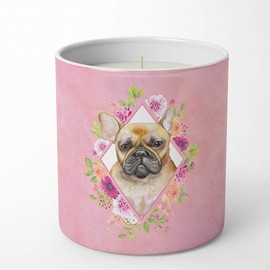 Caroline's Treasures CK4144CDL Fawn French Bulldog Pink Flowers 10 oz Decorative Soy Candle Nature Soy Wax Essential Oil Home Decor Ideal for Bedroom Kitchen Bath Office Gift, 10 oz