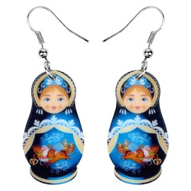 WEVENI Acrylic Russian Matryoshka Doll Earrings Dangle Drop Charm Jewelry For Women Girls Novelty Gifts (Blue)