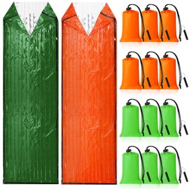 Qunclay 12 Set Emergency Sleeping Bag Survival Bivvy Sack Blanket with Whistles Lightweight Portable Thermal Survival Bag Thick Tent with Hood Extension Nylon Stuff Sack (Orange, Green,82.7 x 35.4 in)