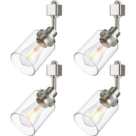 Wanluce 4 Pack H Track Lighting Replacement Heads Brushed Nickel Ceiling Track Lighting Fixtures with Clear Glass Shades, H Type Track Light Heads E26 Base Spotlight for Retail Shop Kitchen Island