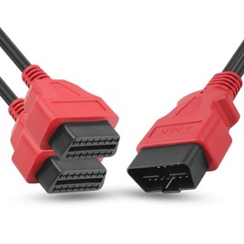 iKKEGOL 30cm/12 inch Ultra Low Profile OBDII Extension Cable, OBD II 2 Y Splitter Cable,1 Male to 2 Dual Female Y J1962 Ports Extension Connector Adapter Red