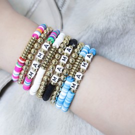 Pingyongchang 9 Pcs MAMA Heishi Bracelet Set Stackable Heishi Clay Beaded Stretch Surfer Bracelet Summer Beach Elastic Layering Bracelets For Women Mother Thanksgiving Mother's Day Gifts Jewelry-A