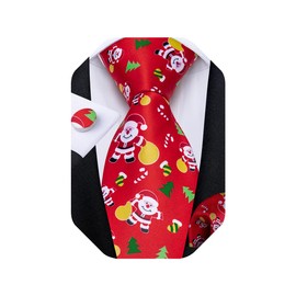 DiBanGu Christmas Ties for Men Xmas Holiday Necktie and Pocket Square Cufflinks Set Vacation Festive Necktie with Gift Box, Red Santa Claus