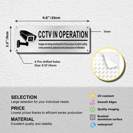 TAKULA CCTV IN OPERATION Sticker - 25 * 9CM cctv Warning Sign Gebürstetes Aluminiumschild mit Selbstklebendem Aufkleber, UV-Beständig und Rostfrei|Pack of 2