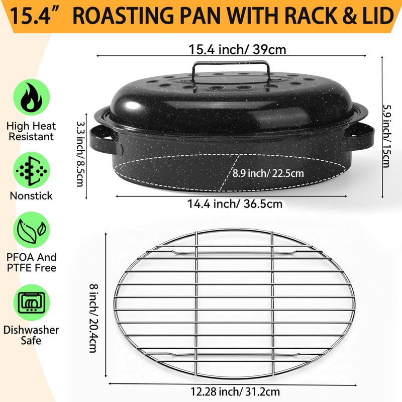 15.4” Turkey Roasting Pan With Rack and Lid, Enamel Carbon