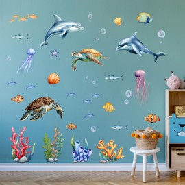 Ocean Animals Wall Decals - Sea Sharks Walls Stickers Turtle and Fish Under The Sea Wall Decals Removable Waterproof Peel and Stick Wall Decor for Kids Room Décor Baby Nursery