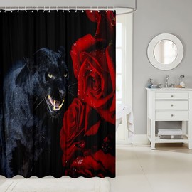 Feelyou - Cortina de ducha con diseño de leopardo, 3D, color negro, diseño de animal de pantera negra, color rojo, rosa, floral, guepardo, accesorios impermeables con 12 ganchos, cortinas de vida silvestre, 188 x 182 cm