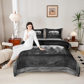 Castle Fairy Lodge Cabin Comforter Set Gray Bear Pine Tree Silhouette Pattern Quilted Duvet with 2 Pillowcases+1 Wild Animal Western Jungle Style Bedding for Teens Adults Queen Size 3 Pcs