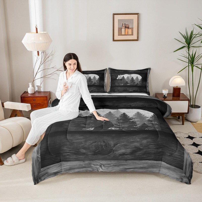 Castle Fairy Lodge Cabin Comforter Set Gray Bear Pine Tree