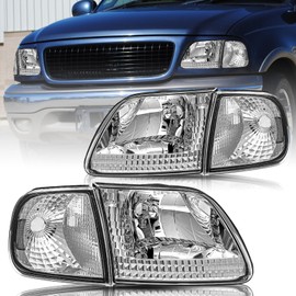 Bingbingmotor BRYGHT 4pcs Headlight Assembly with Corner Lights Compatible with 97-03 F150 04 F150 Heritage 97-02 Expedition 97-99 F250 Light Duty (Chrome Housing with Clear Reflector)