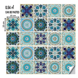 24pcs Moroccan Tile Stickers 15x15cm Blue Bathroom Tile Stickers for Kitchen Transfers Cover Stick On Wall Peel and Stick Tile Decals Waterproof 6"x6"