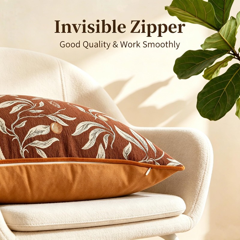 Terracotta Chenille Jacquard Botanical Fall Throw Pillow Covers 18x18 2