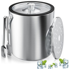 Ice Cube Tray, Round Ice Container with Strainer and Ice Tongs, 2 L Ice Cube Tray, Stainless Steel Ice Tray, Ice Cube Cooler for Bar, Party, for Storing Ice and Cooling Drinks