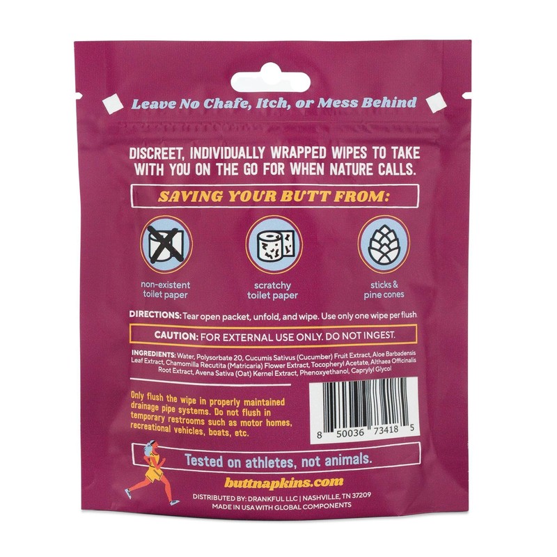 Butt Napkins - Water-Based Flushable Wipes, Individually Wrapped, For On-The-Go