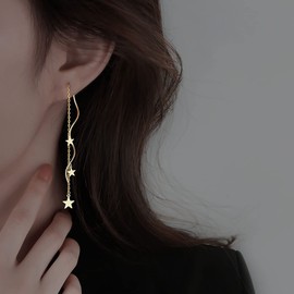 SLUYNZ Sterling Silver Stars Dangle Earrings Chain for Women Curve Stars Dangle Earrings Long Threader (B-Gold)