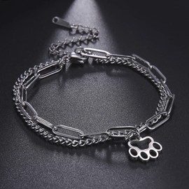 UNIFT Bracelet For Women Girls Cute Paw Print Pendant Double Layer Bracelets Stainless Steel Hollow Out Charm Dog Cat Paw Print Bracelet Gift For Pet Lovers (silver, Stainless Steel)