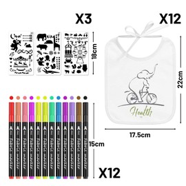 Pack of 12 Bibs for Painting, with 12 Coloured Textile Pens and 3 Painting Stencils, Double-Sided Baby Bibs, White Bibs Painting, Gift for Baby Shower Party DIY (22 x 18 cm), White