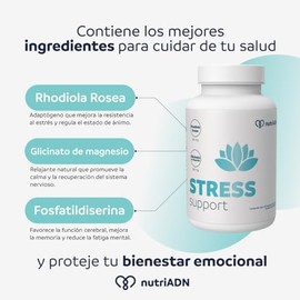 nutriADN  STRESS SUPPORT  Suplemento 60 Cápsulas de 550 mg con Glicinato de Magnesio (300 mg)  Fosfatidilserina (400 mg)  Rhodiola Rosea (400 mg)...  