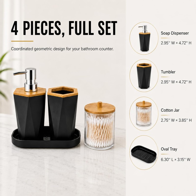LGURT 4pc Black Bathroom Accessories Set, Soap Dispenser, Toothbrush Holder