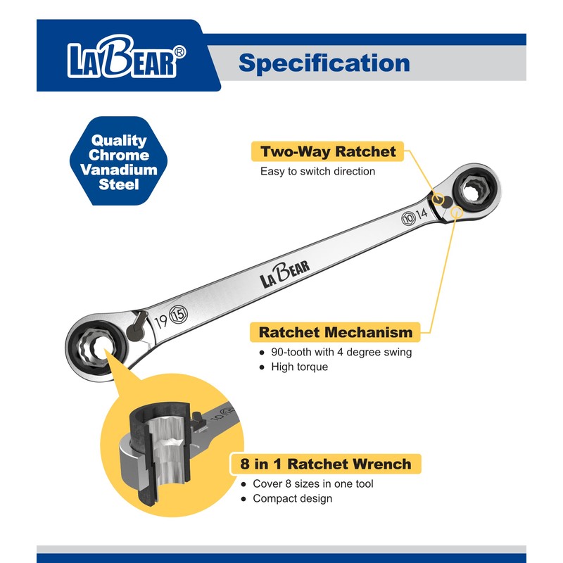 LABEAR - SAE 8 in 1 Speed wrench, 8 in