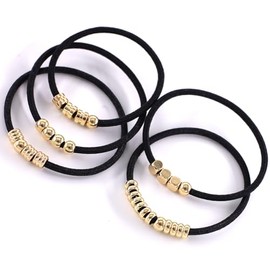 WDGROW Stretch Hair Ties Wrist Bracelet for Teen Girls,Women,14K Golden Plated Beads,Seamless Ponytail Hair Ties,Cotton Knotted,No Plastic,No Damage,Won't Tangle Hair and Pull Out (DARK)