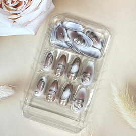 MERVF Press on Nails Medium Almond Fall, Brown Chrome French Tip Fake Nails Aura Goth Glue ons Acrylic Nail 3D Design Manicure Glossy 24pcs