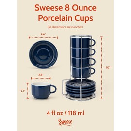 Sweese 8 Ounce Porcelain Stackable Cappuccino Cups with Saucers and Metal Stand - for Specialty Coffee Drinks, Cappuccino, Latte, Americano and Tea - Set of 4, Navy