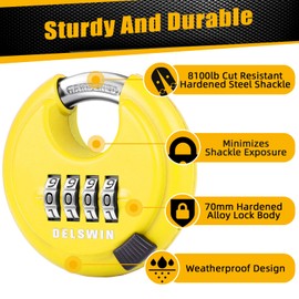 DELSWIN 4 Digit Combination Disc Padlock with Hardened Steel Shackle Combo Lock for Sheds, Storage Unit, School Gym Locker and Fence (Yellow,1Pcs)