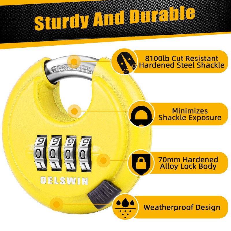 DELSWIN 4 Digit Combination Disc Padlock with Hardened Steel Shackle