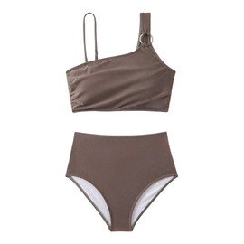 Verdusa Women's 2 Piece Tummy Control Bikini Set High Waist Asymmetrical Metal Ring Swimsuit Brown X-Large