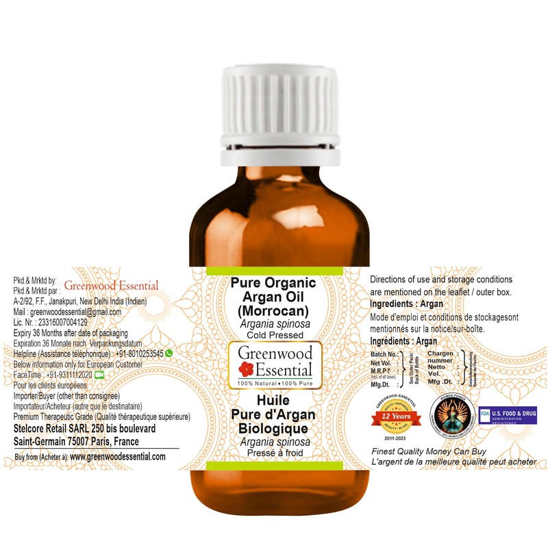 Greenwood Essential Pure Organic Argan Oil (Moroccan) (Argania spinosa) Natural